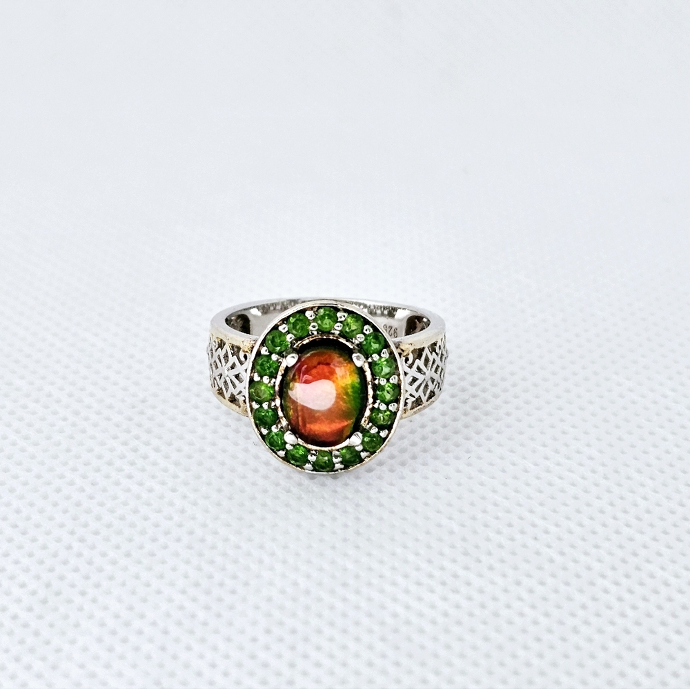 Genuine Ammolite & Chrome Diopside Ring Sterling Silver Platinum Finish Size 8